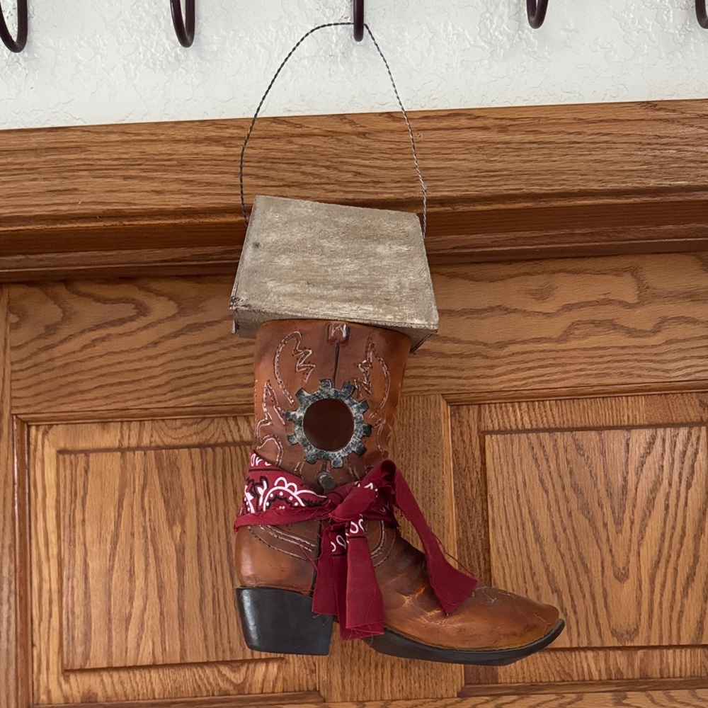 Rustic Brown Cowboy Boot bird house with Red Bandana